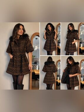 Brown Houndstooth Coat with Real Fur Trim by Touch